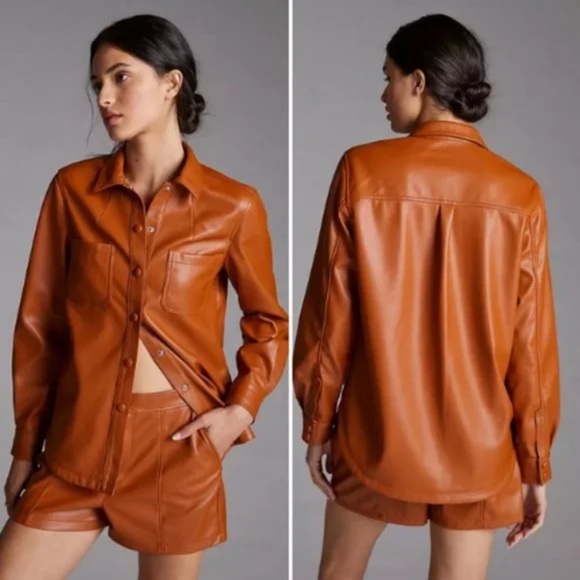 Anthropologie Pants - Anthropologie Faux Leather Short Set Top Tan Brown NWT size 8